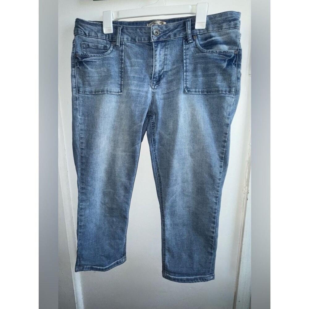 Seven7 Girlfriend Jeans Size 14 Medium Wash Stretch Denim Cropped Pockets
